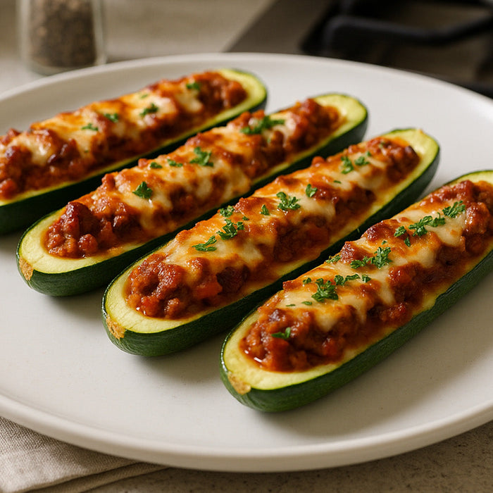 Sausage and Bacon-Stuffed Zucchini Boats on a white plate in a kitchen