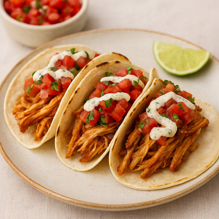 Slow Cooker Tequila Chicken Tacos with a Creamy Jalapeno Sauce on a plate with a lime wedge on the side