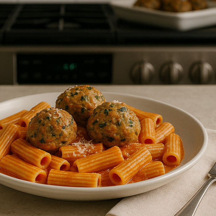 spinach turkey meatballs on top of pasta on a white plate