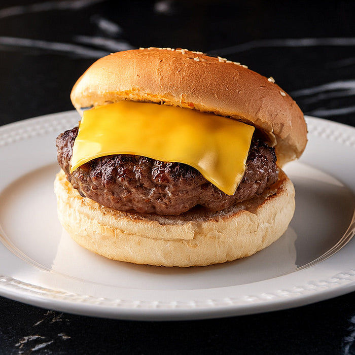 Steak burger with a slice of cheese on a white plate sitting on a black marble countertop