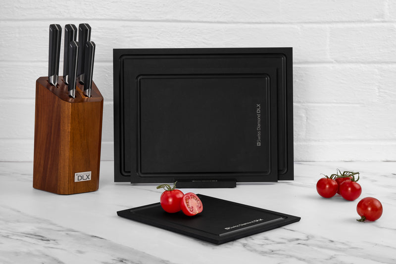 SWISS DIAMOND PREMIUM  KITCHEN WOOD FIBRE 3PC CUTTING BOARD WITH STAND