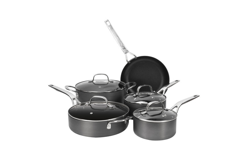 Swiss Diamond Hard Anodised 5 pc set (20 & 28cm fry pan, 16cm sauce pan w lid,  24x7cm saute pan w lid, 24x11cm casserole w lid