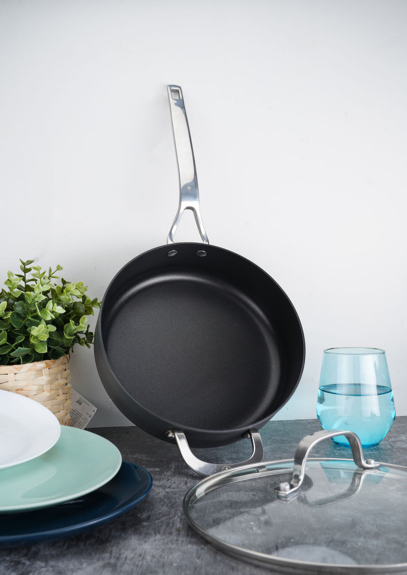 Swiss Diamond Hard Anodised 24x7cm 3L Non Stick Sautepan w glass lid &helper handle