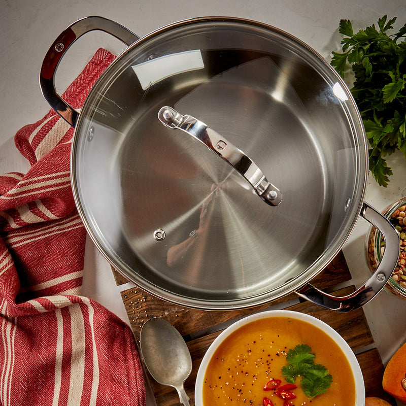 Premium Steel DLX - 7.6 Qt. (9.5") Stainless Steel Pasta Pot with Strainer, Steamer Basket, & Lid | Swiss Diamond