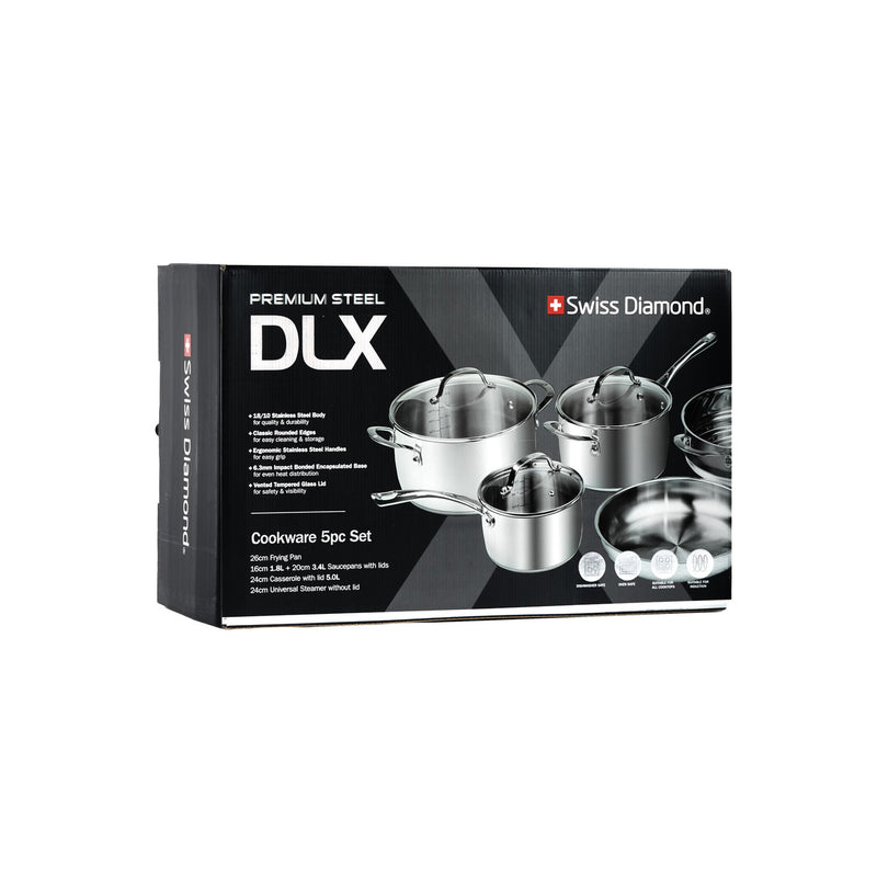 Premium Steel Induction DLX 5pc Cookset: 16&20 Saucepans w Lids, Universal steamer, 24cm cooking pot w lid, 26cm fry pan