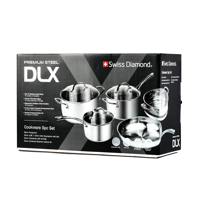 Premium Steel Induction DLX 5pc Cookset: 16&20 Saucepans w Lids, Universal steamer, 24cm cooking pot w lid, 26cm fry pan