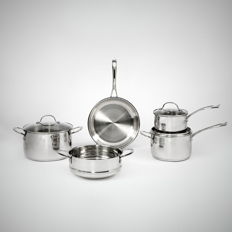 Premium Steel Induction DLX 5pc Cookset: 16&20 Saucepans w Lids, Universal steamer, 24cm cooking pot w lid, 26cm fry pan
