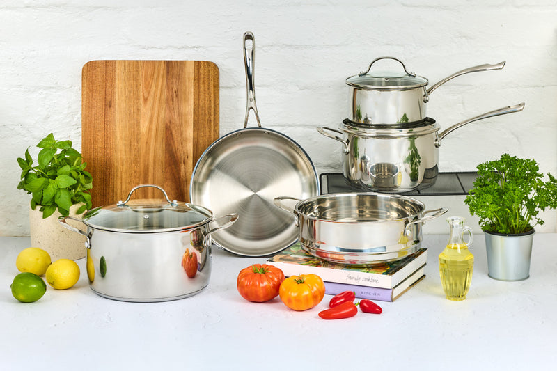 Premium Steel Induction DLX 5pc Cookset: 16&20 Saucepans w Lids, Universal steamer, 24cm cooking pot w lid, 26cm fry pan