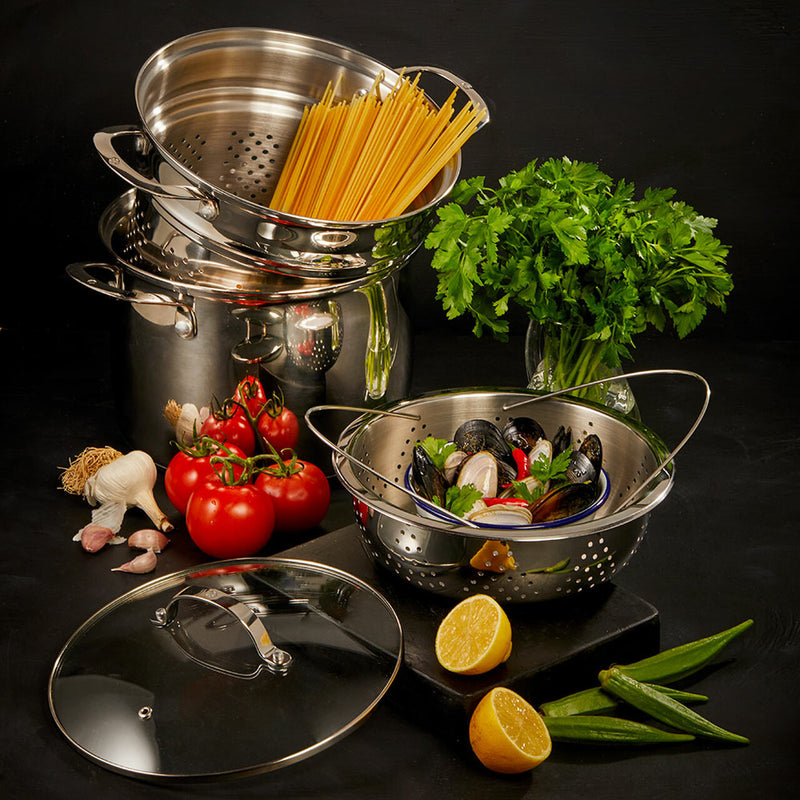 Premium Steel DLX - 7.6 Qt. (9.5") Stainless Steel Pasta Pot with Strainer, Steamer Basket, & Lid | Swiss Diamond
